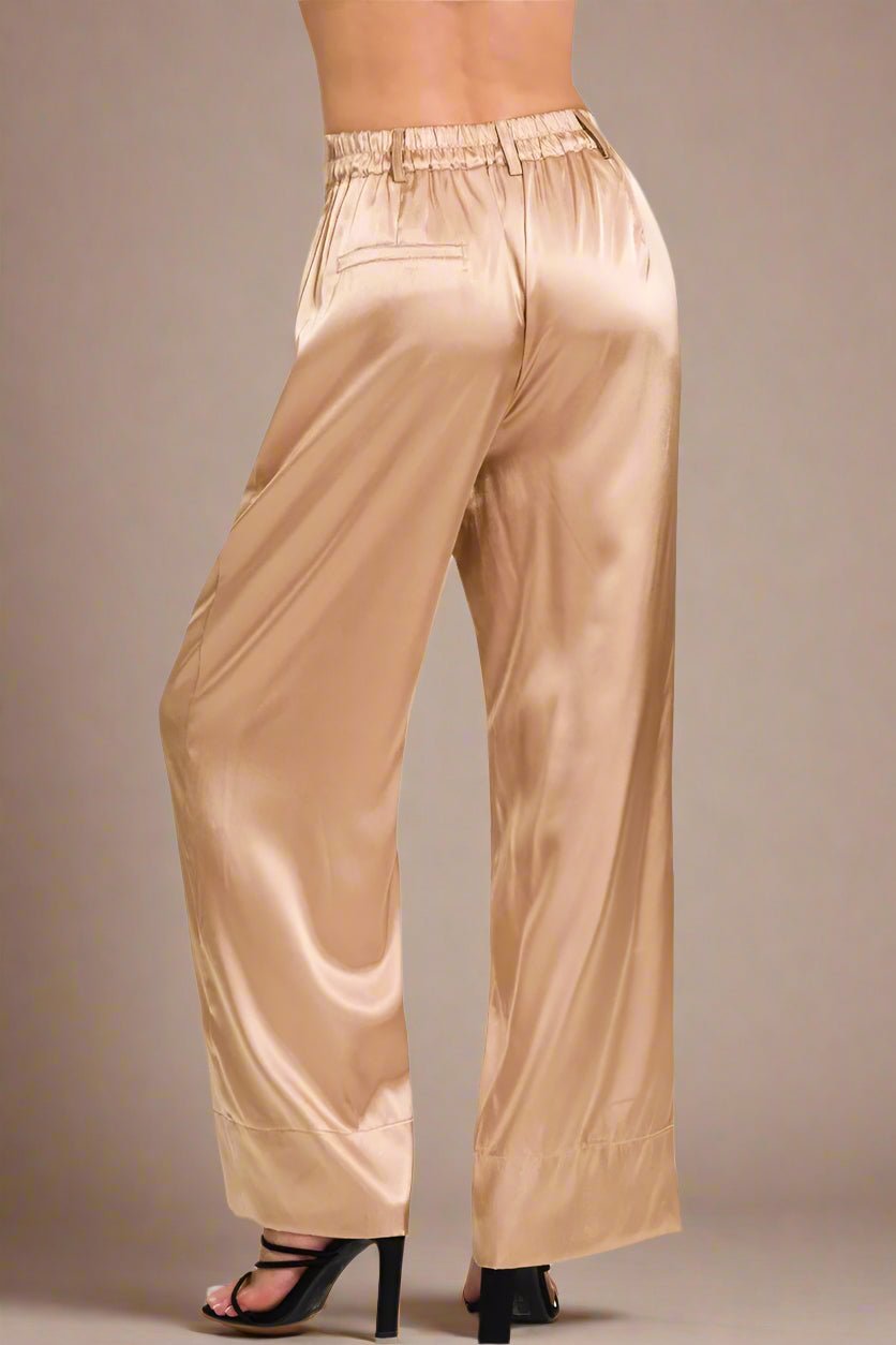Zenana - Satin Wide Leg Trousers in Champagne Beige
