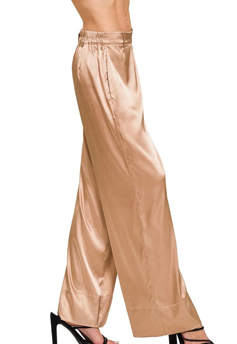 Zenana - Satin Wide Leg Trousers in Champagne Beige