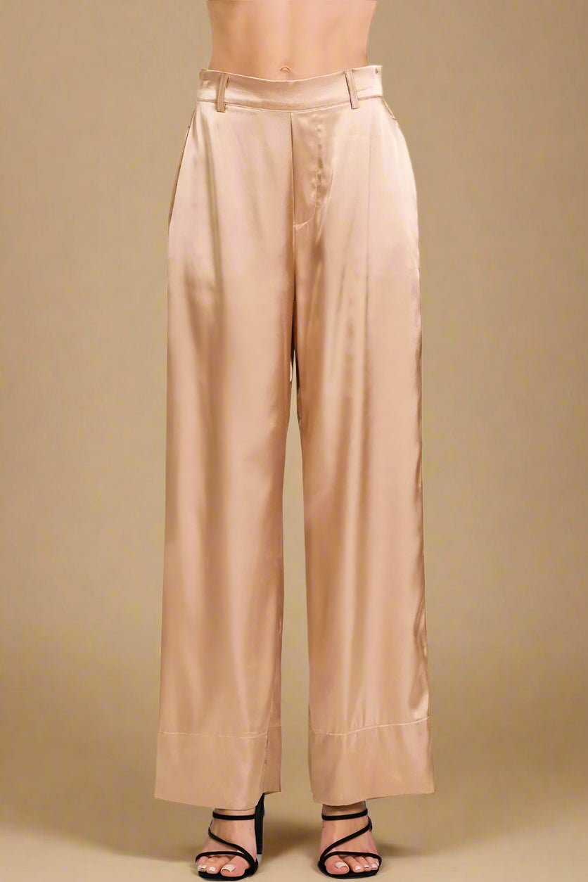 Zenana - Satin Wide Leg Trousers in Champagne Beige