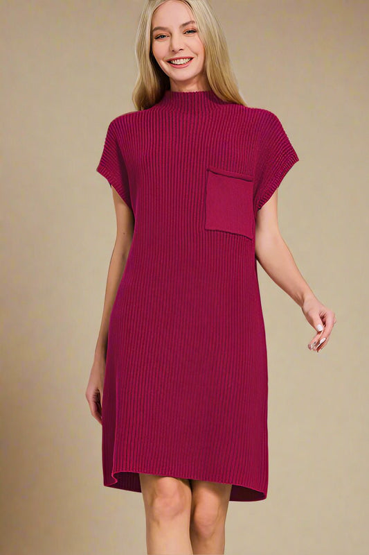 Zenana - Short Sleeve Mini Sweater Dress in Cabernet