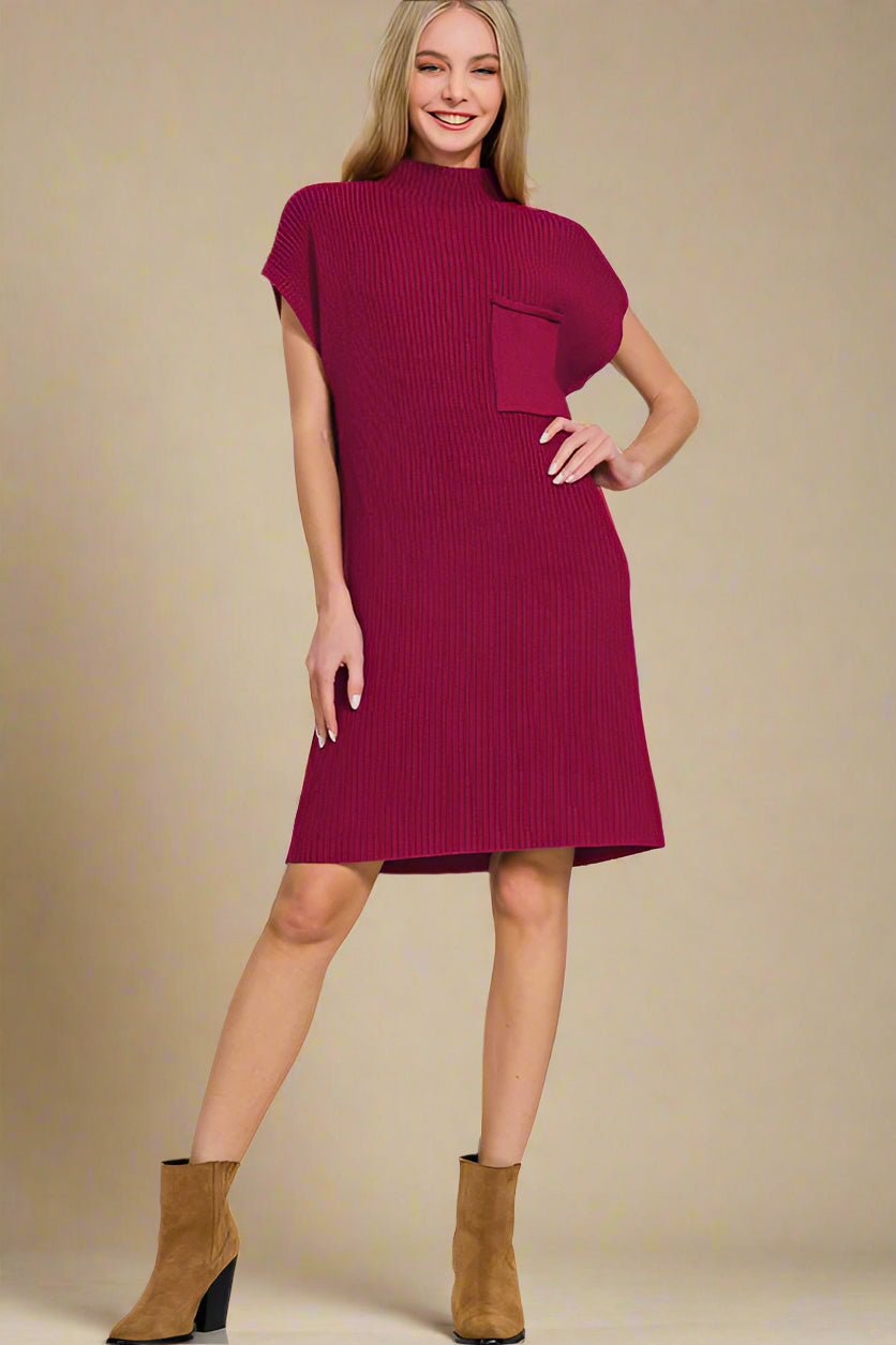 Zenana - Short Sleeve Mini Sweater Dress in Cabernet