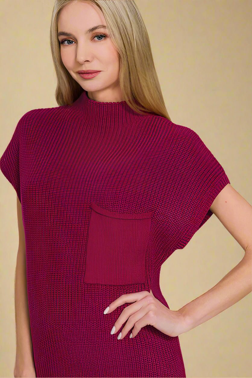 Zenana - Short Sleeve Mini Sweater Dress in Cabernet