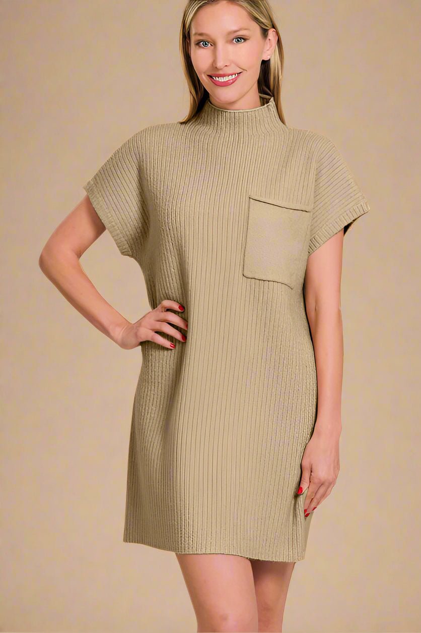 Zenana - Short Sleeve Mini Sweater Dress in Camel