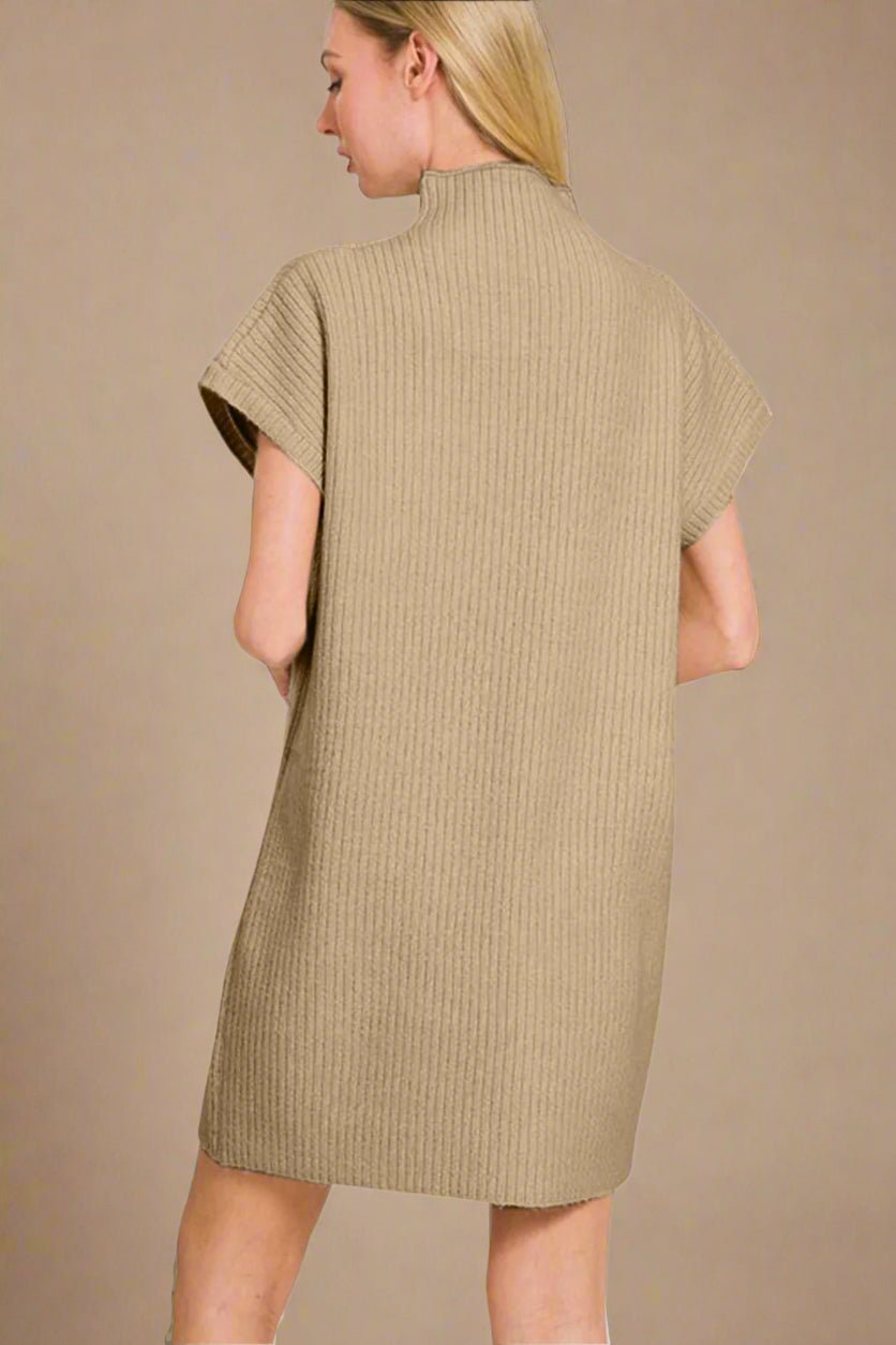 Zenana - Short Sleeve Mini Sweater Dress in Camel