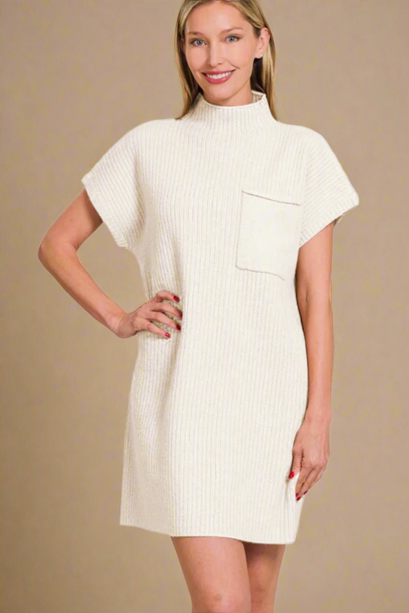 Zenana - Short Sleeve Mini Sweater Dress in Ivory