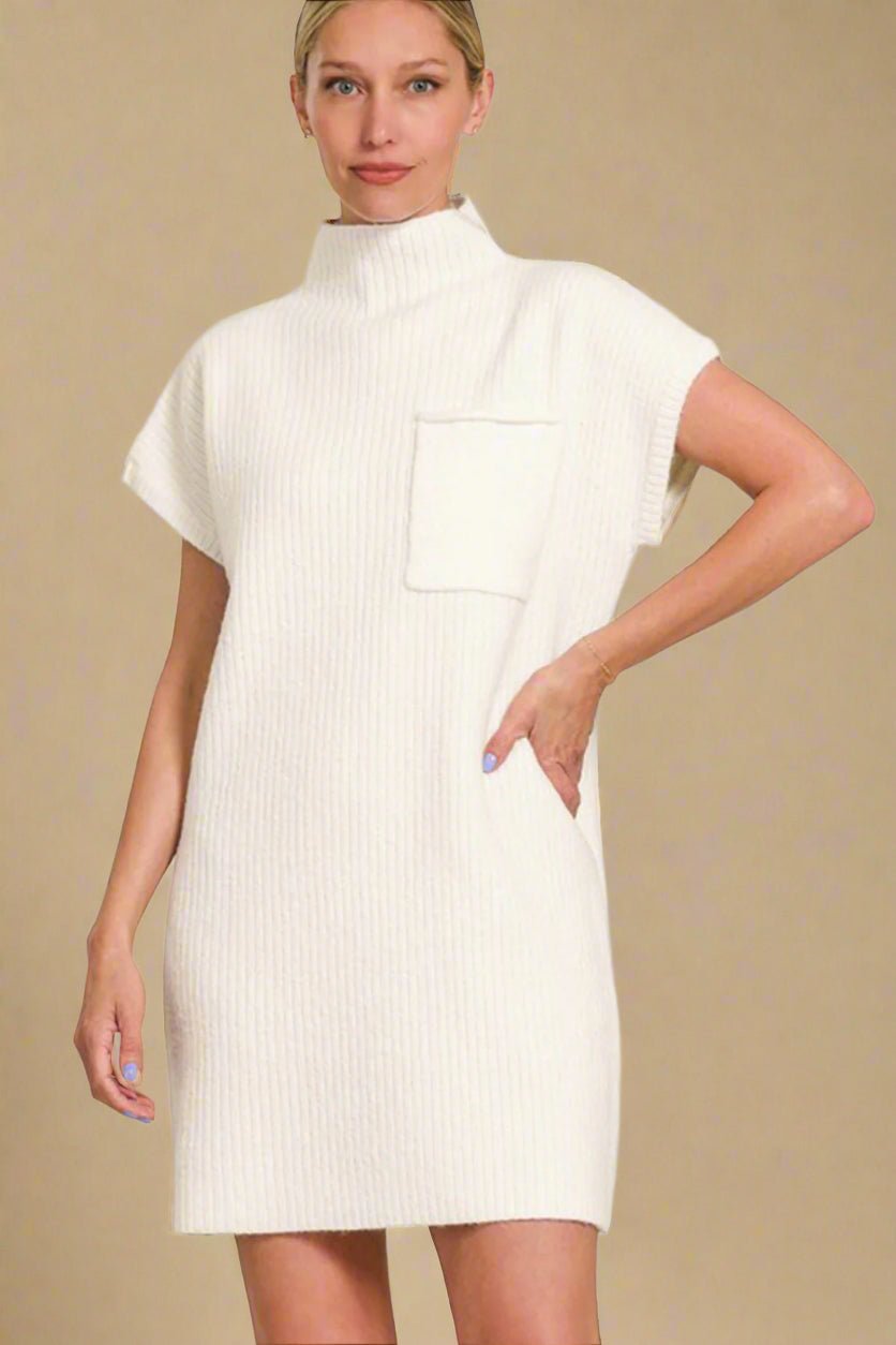 Zenana - Short Sleeve Mini Sweater Dress in Ivory