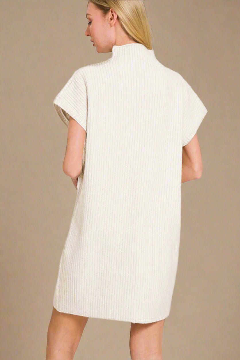 Zenana - Short Sleeve Mini Sweater Dress in Ivory