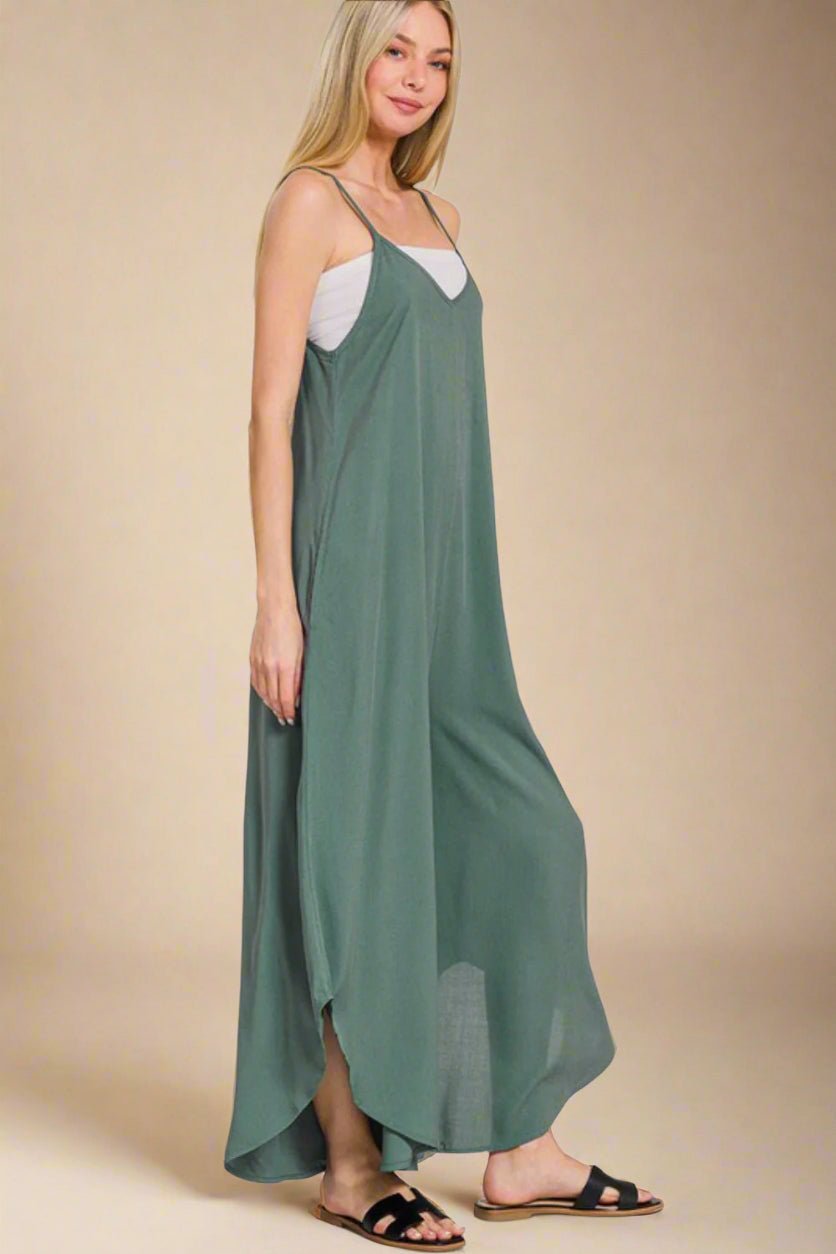 Zenana - Sleeveless Wide Leg Jumpsuit with Pockets in Ash Jade