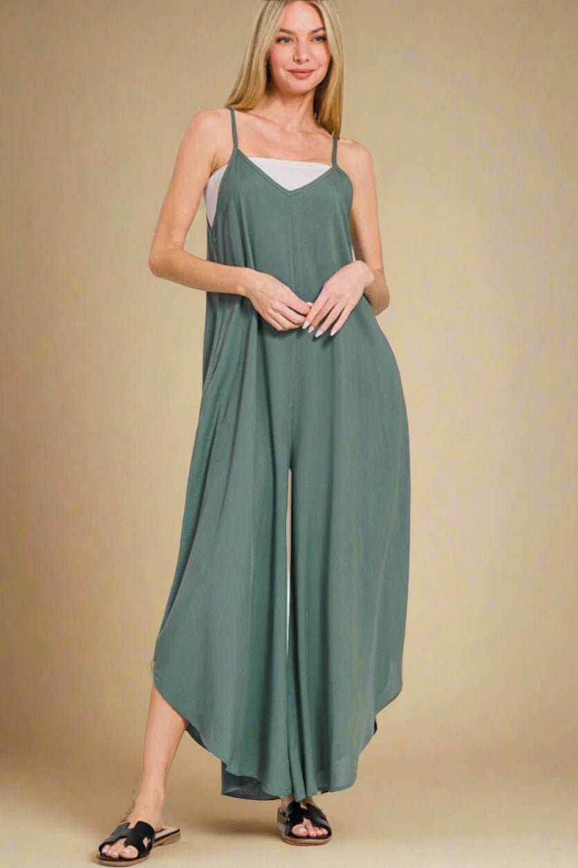 Zenana - Sleeveless Wide Leg Jumpsuit with Pockets in Ash Jade