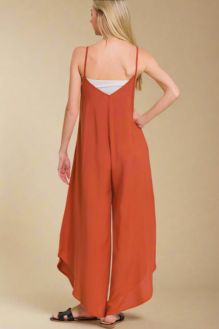 Zenana - Sleeveless Wide Leg Jumpsuit with Pockets in Rust