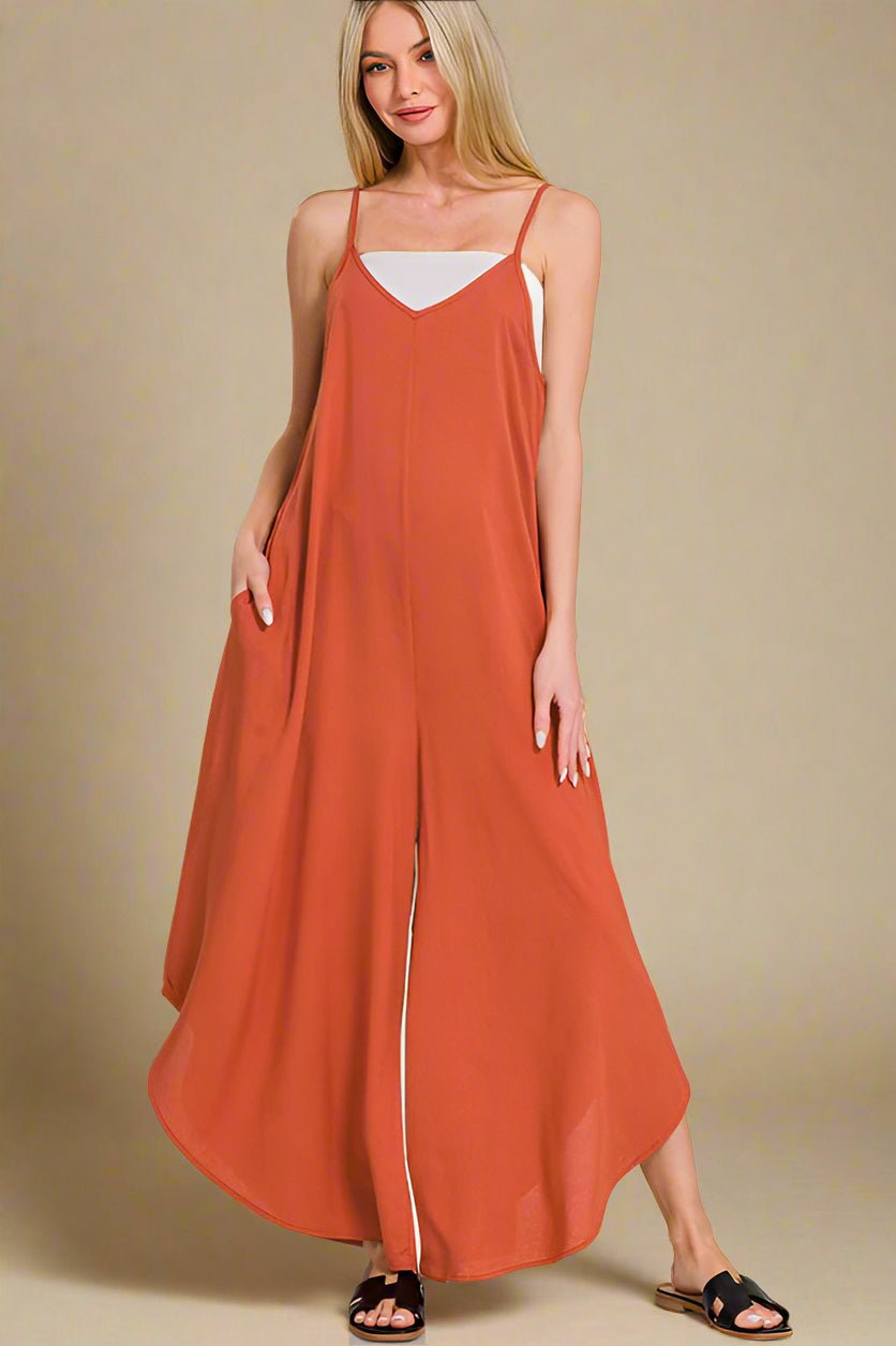 Zenana - Sleeveless Wide Leg Jumpsuit with Pockets in Rust