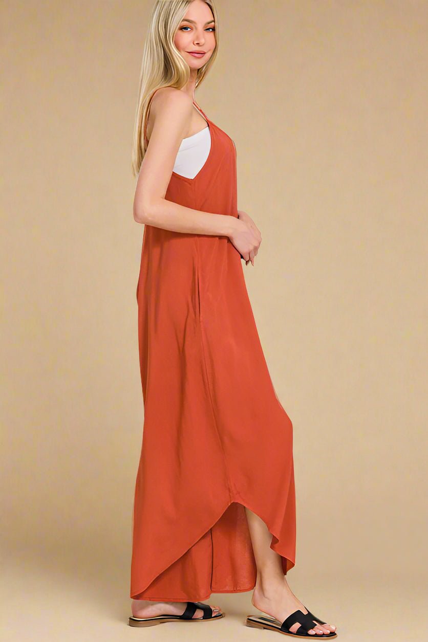 Zenana - Sleeveless Wide Leg Jumpsuit with Pockets in Rust