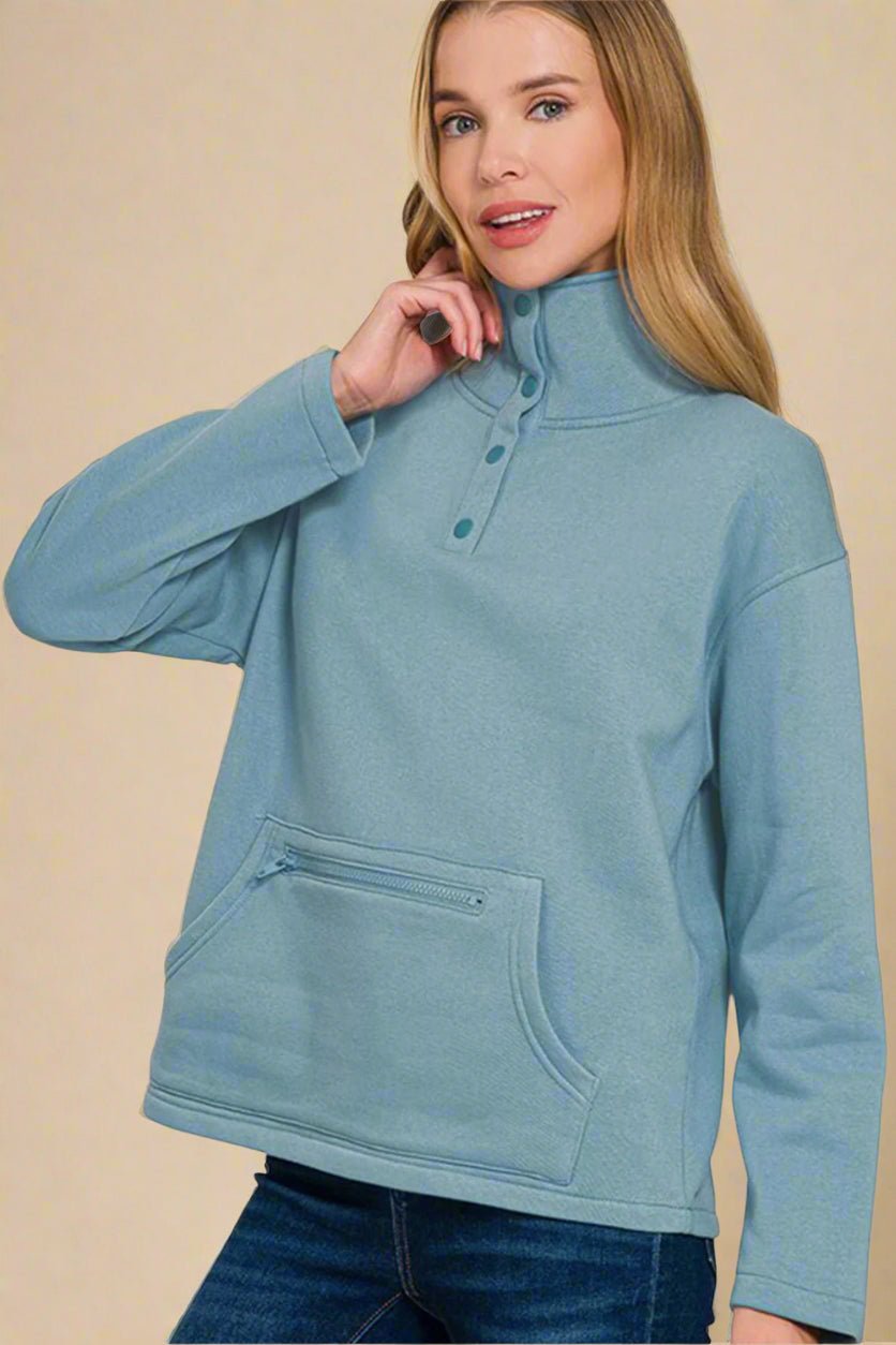 Zenana - Soft Blue Half Snap Fleece Sweatshirt