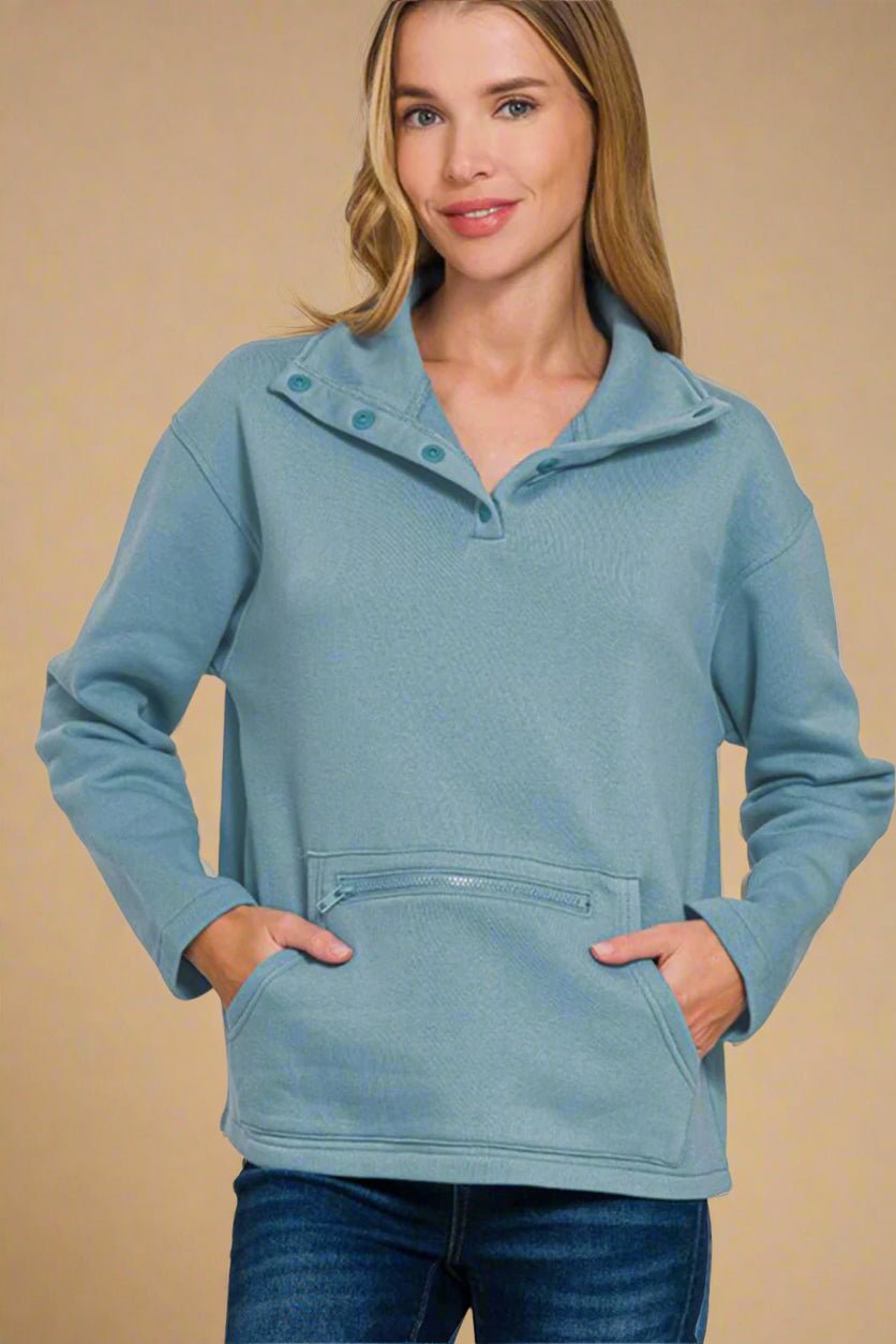 Zenana - Soft Blue Half Snap Fleece Sweatshirt