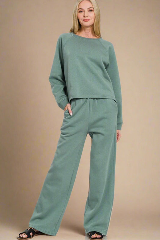 Zenana - Soft Blue Long Sleeve Top and Elastic Waist Pants Set