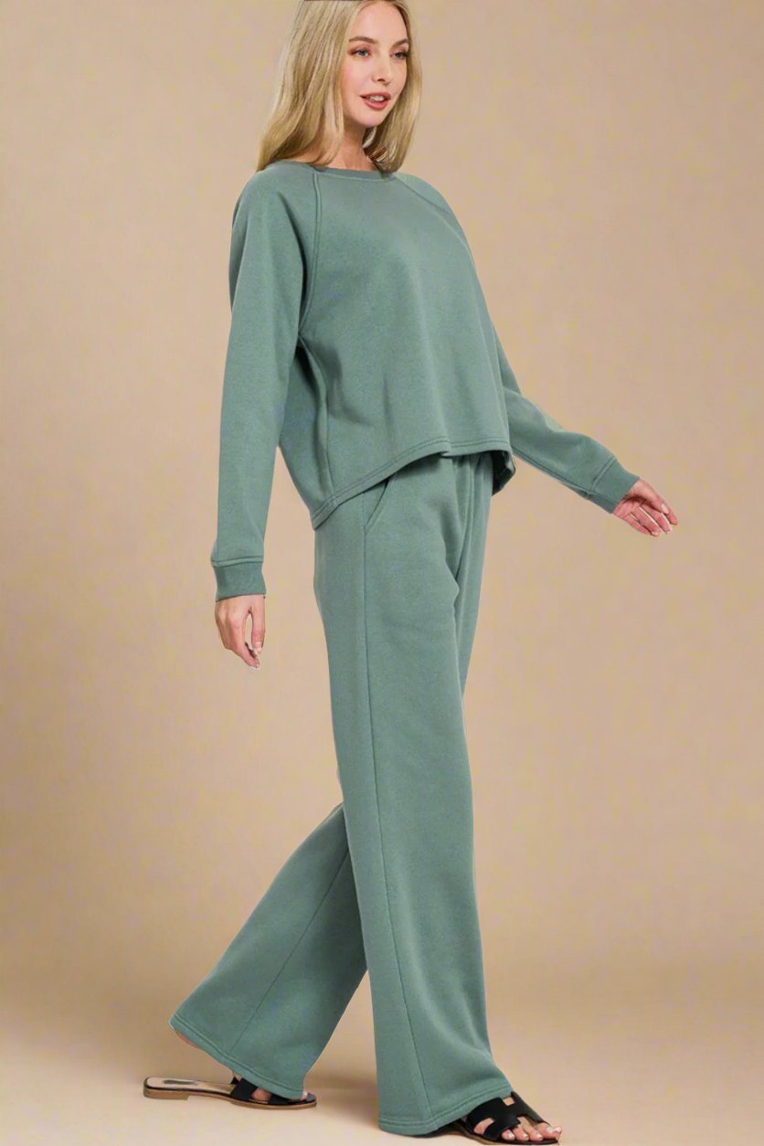 Zenana - Soft Blue Long Sleeve Top and Elastic Waist Pants Set