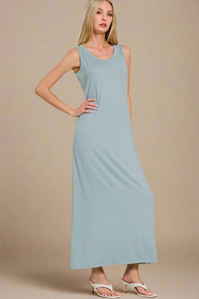 Zenana - Soft Blue Scoop Neck Maxi Tank Dress