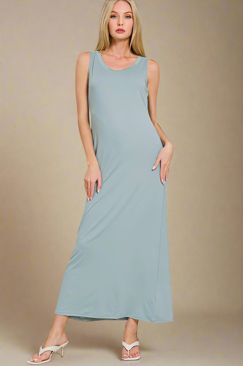 Zenana - Soft Blue Scoop Neck Maxi Tank Dress