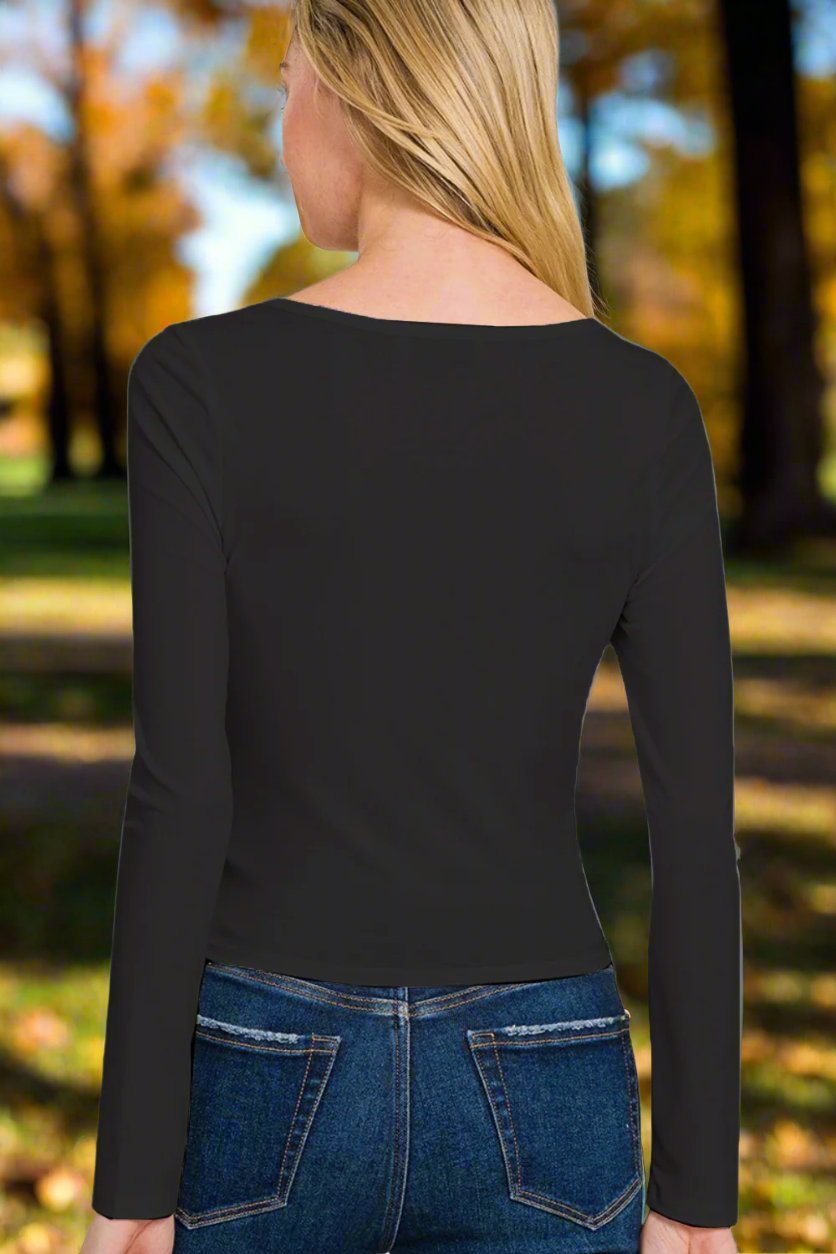 Zenana - Square Neck Fitted Long Sleeve T - Shirt in Black