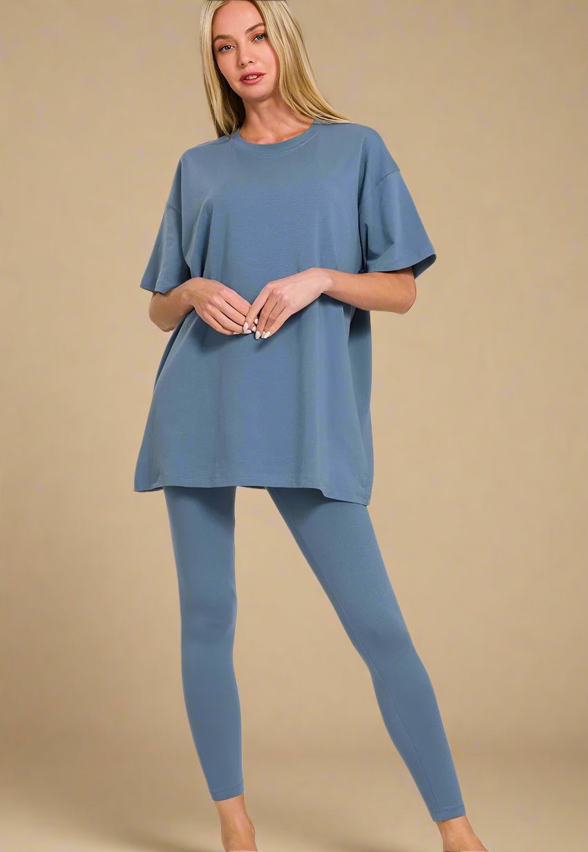 Zenana - Steel Blue Oversized Tee & Leggings Set