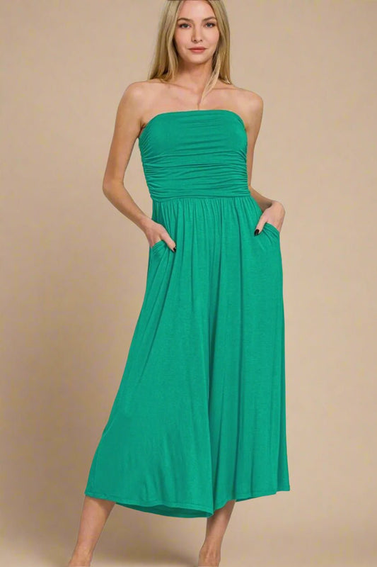 Zenana - Strapless Wide Leg Jumpsuit in Emerald Green