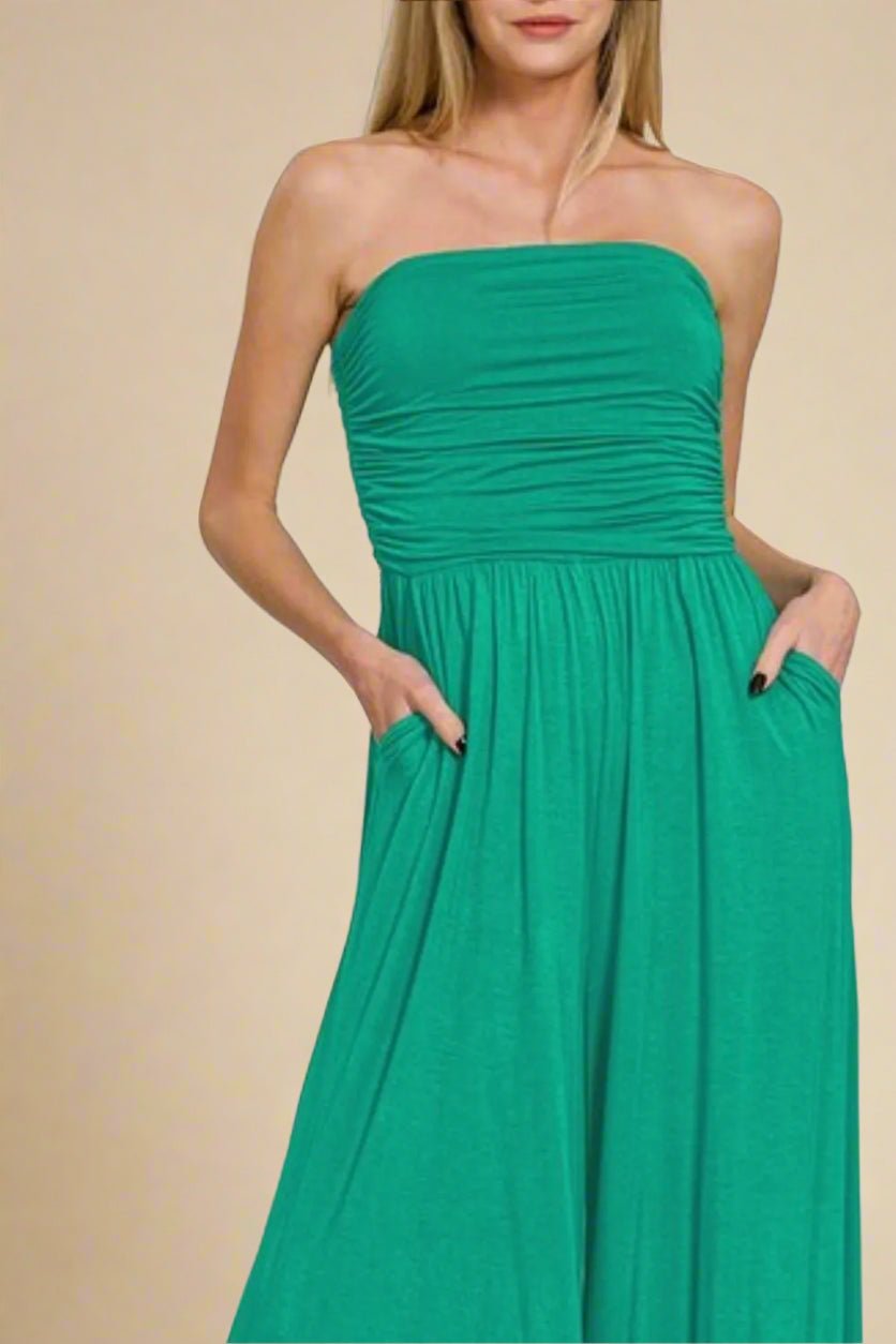 Zenana - Strapless Wide Leg Jumpsuit in Emerald Green