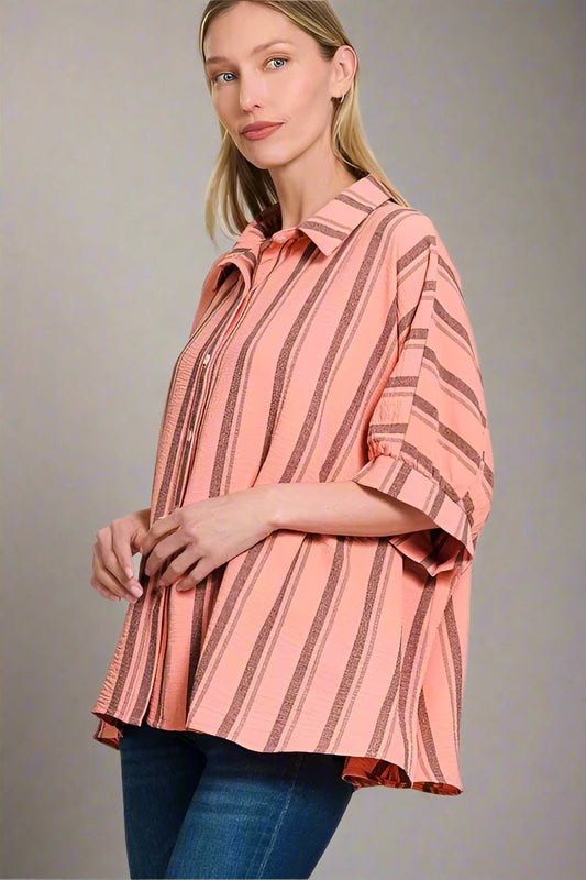 Zenana - Striped Button - Up Shirt – Coral & Mocha