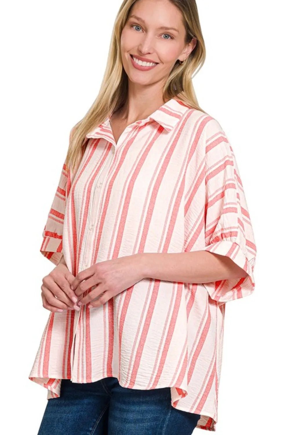 Zenana - Striped Button - Up Shirt – Coral Rose & Cream