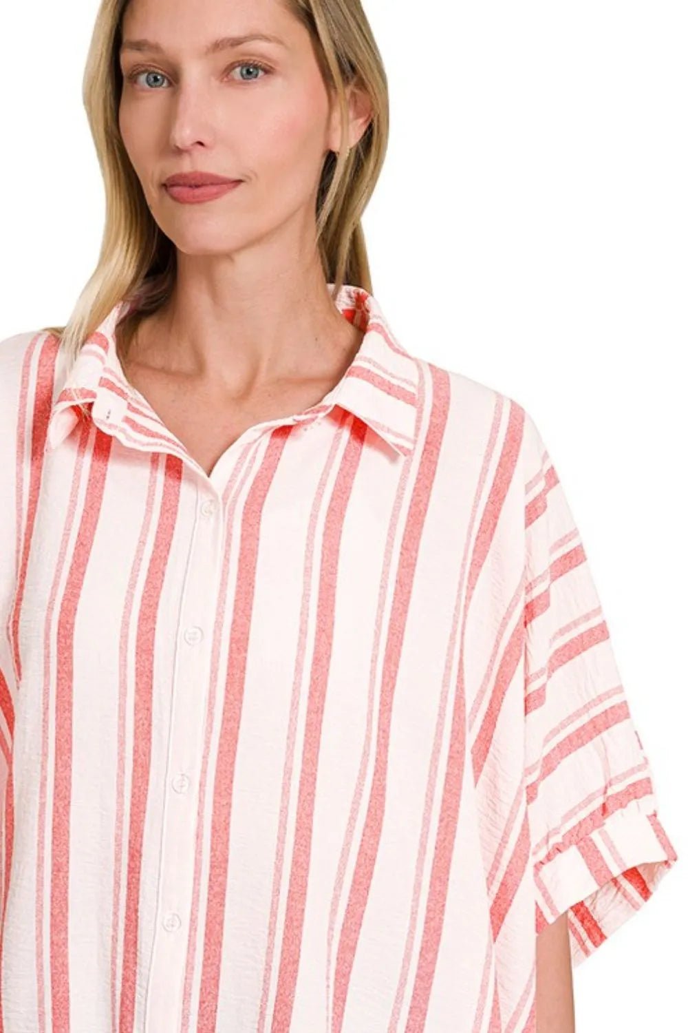 Zenana - Striped Button - Up Shirt – Coral Rose & Cream