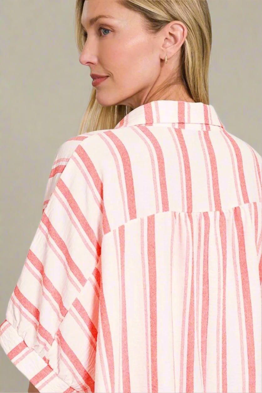 Zenana - Striped Button - Up Shirt – Coral Rose & Cream