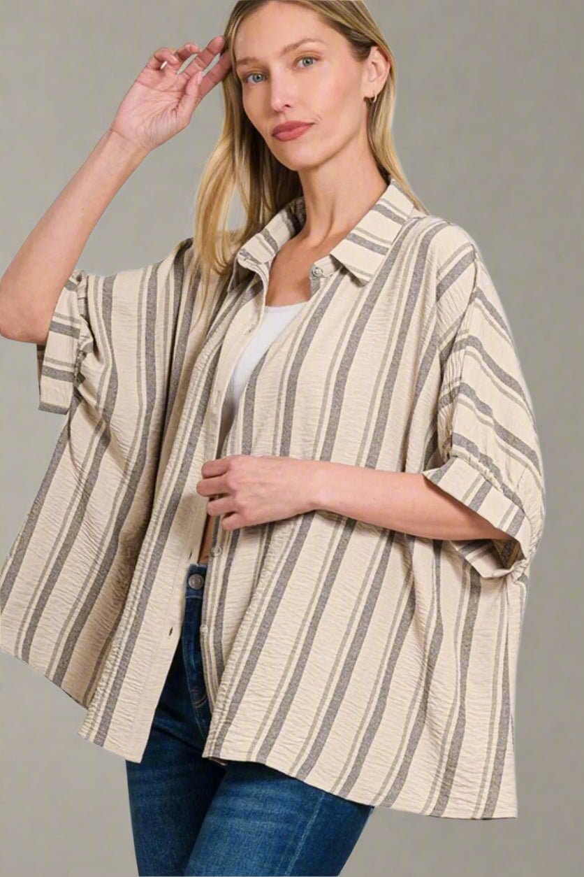 Zenana - Striped Button - Up Shirt – Mocha & Cream