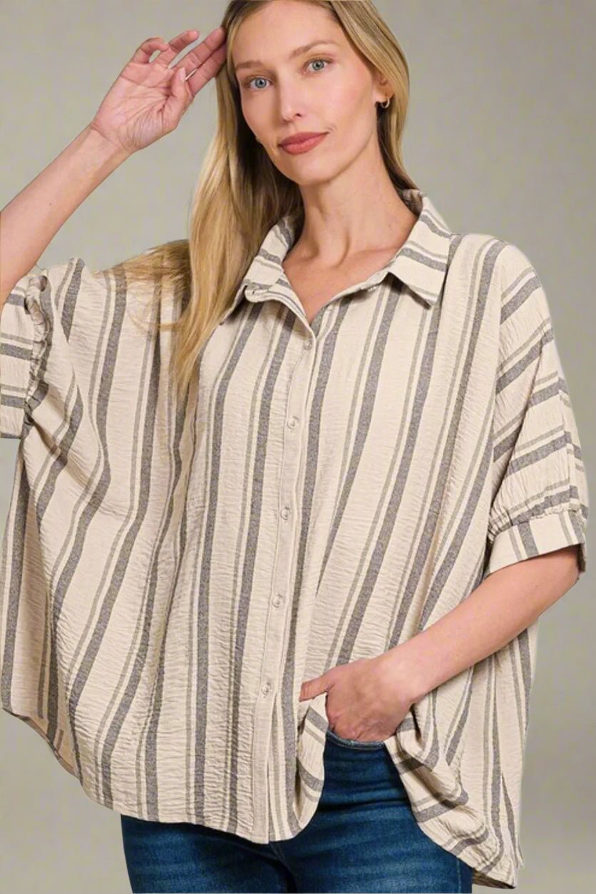 Zenana - Striped Button - Up Shirt – Mocha & Cream