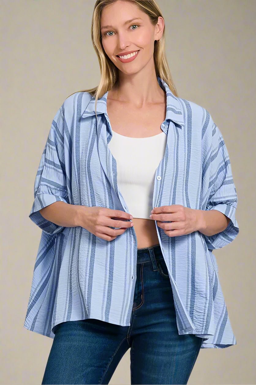 Zenana - Striped Button - Up Shirt – Sky Blue