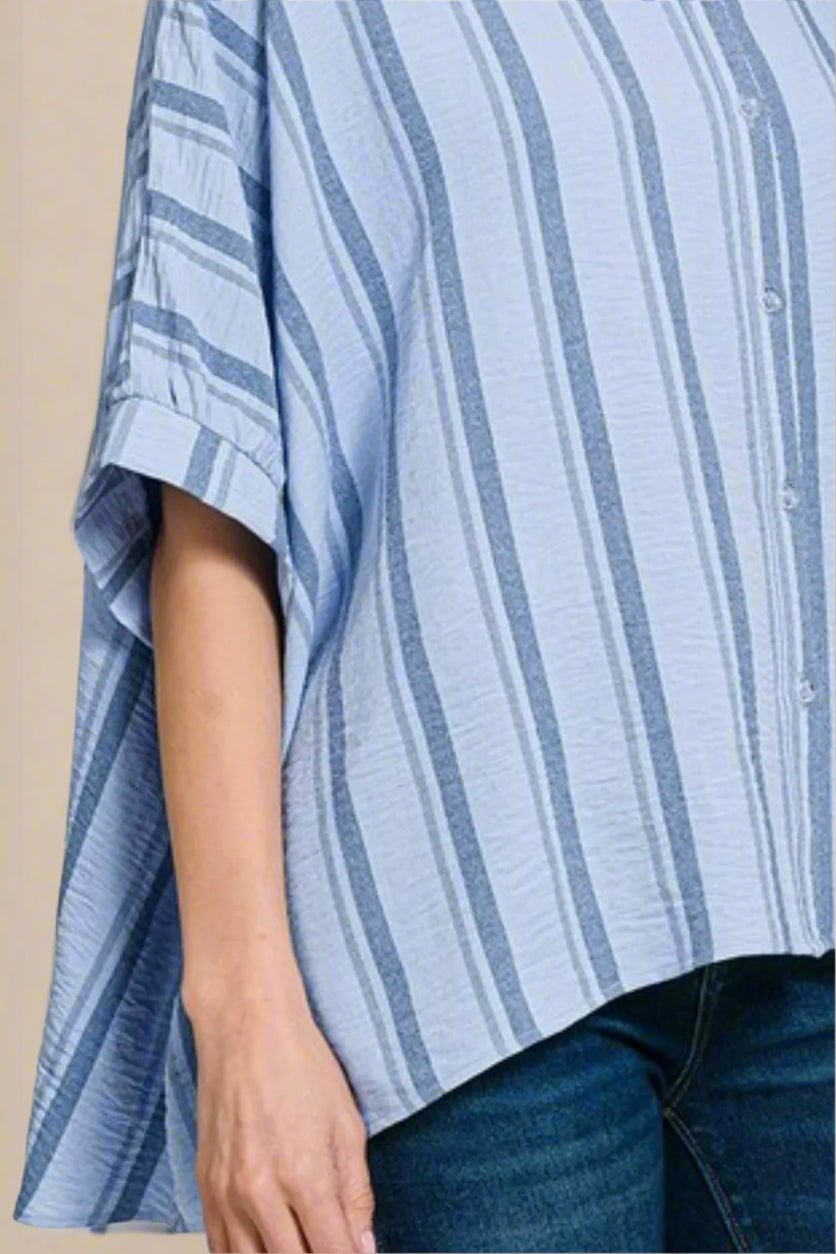 Zenana - Striped Button - Up Shirt – Sky Blue