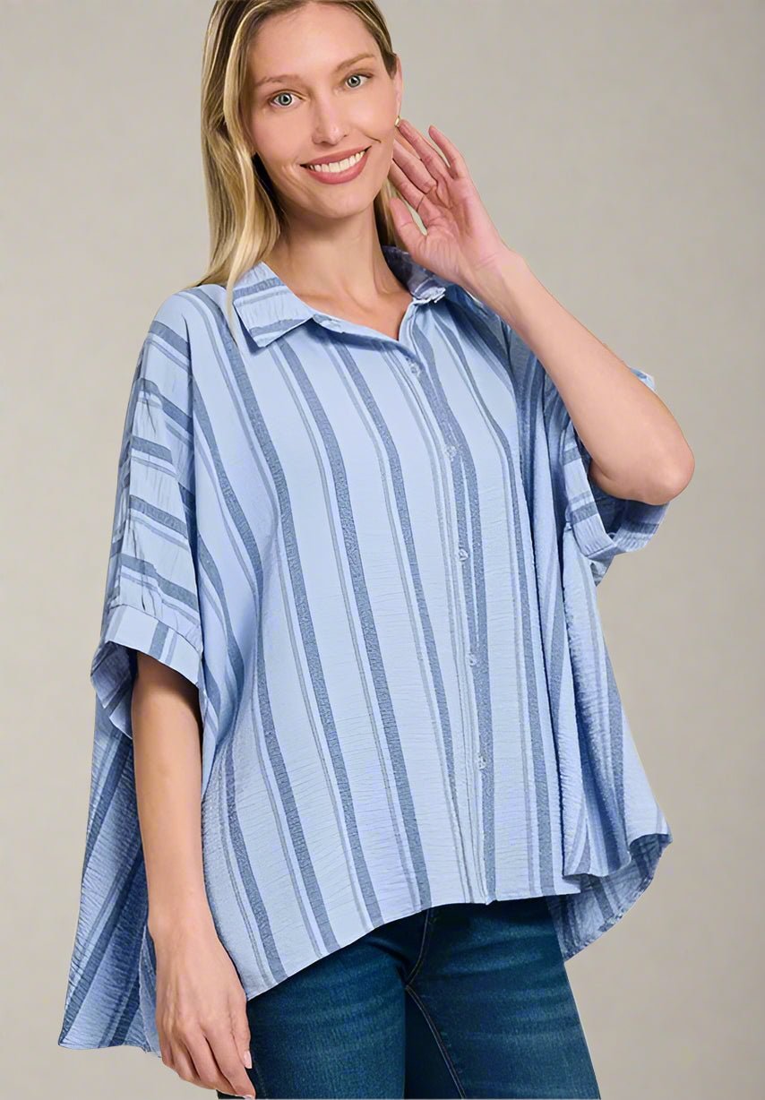 Zenana - Striped Button - Up Shirt – Sky Blue