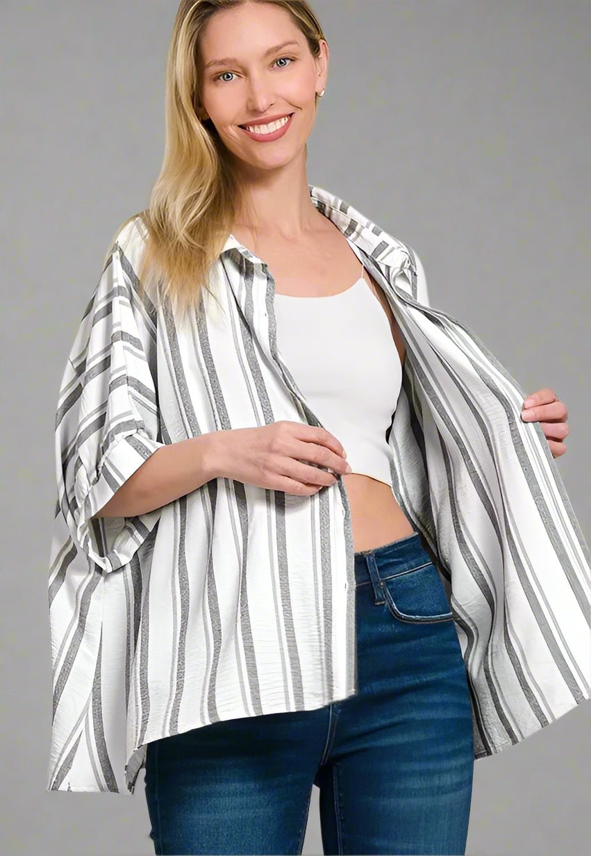 Zenana - Striped Button - Up Shirt – White & Charcoal