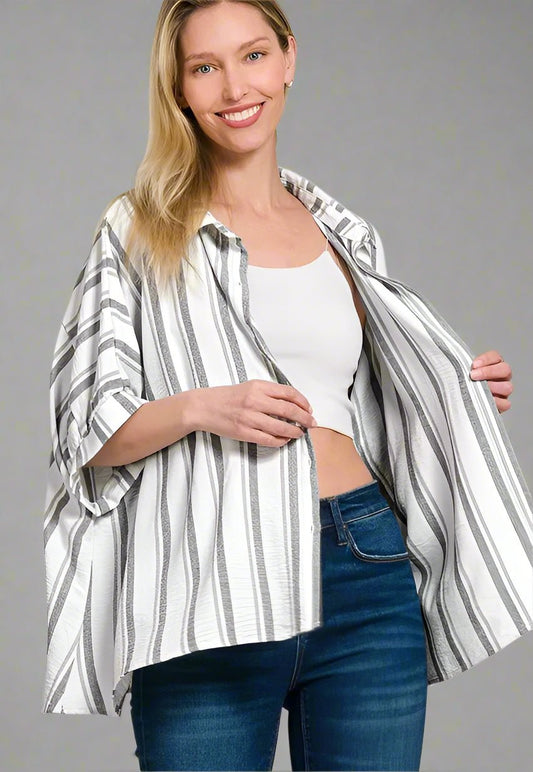 Zenana - Striped Button - Up Shirt – White & Charcoal