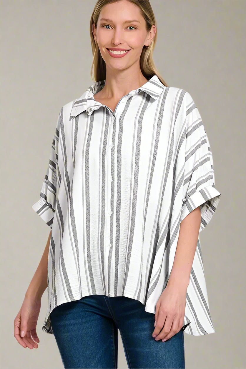 Zenana - Striped Button - Up Shirt – White & Charcoal