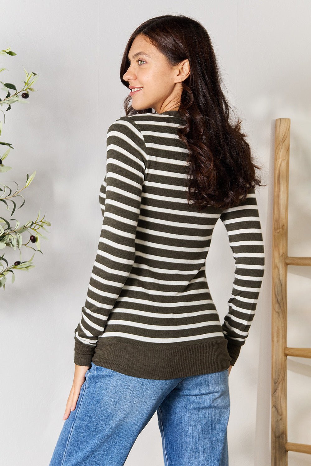 Zenana - Striped Snap Down Cardigan in Dark Olive Ivory