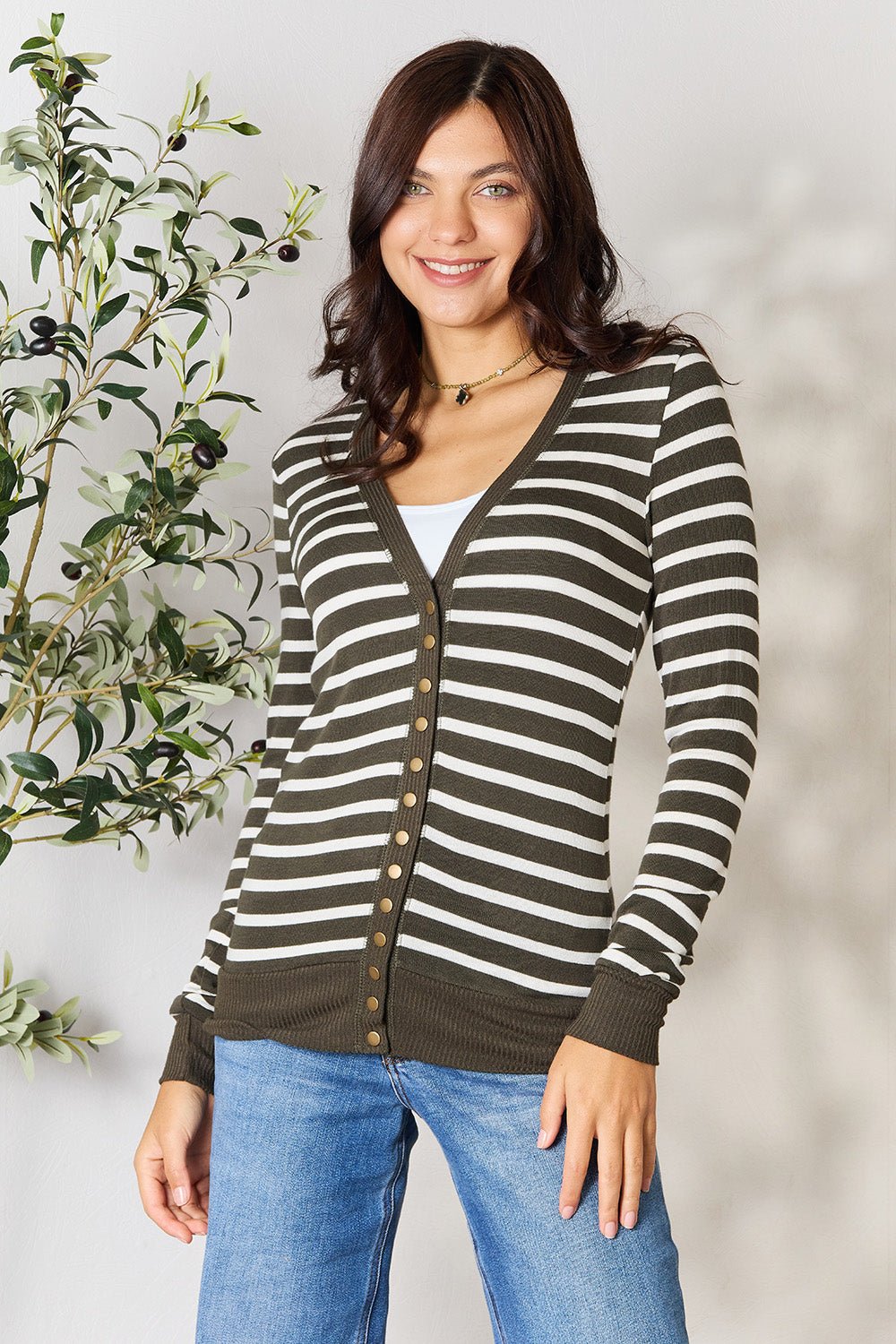 Zenana - Striped Snap Down Cardigan in Dark Olive Ivory