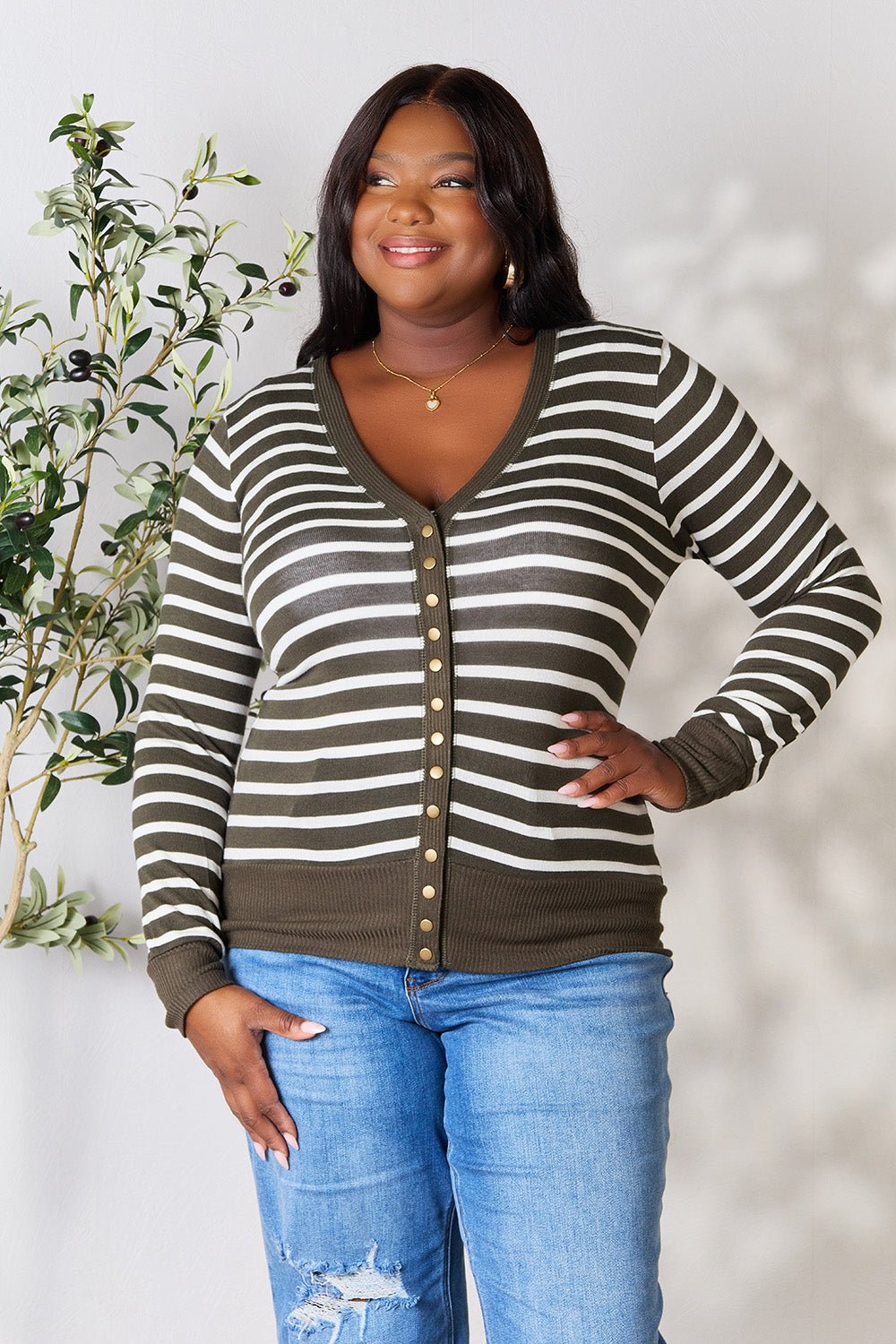 Zenana - Striped Snap Down Cardigan in Dark Olive Ivory