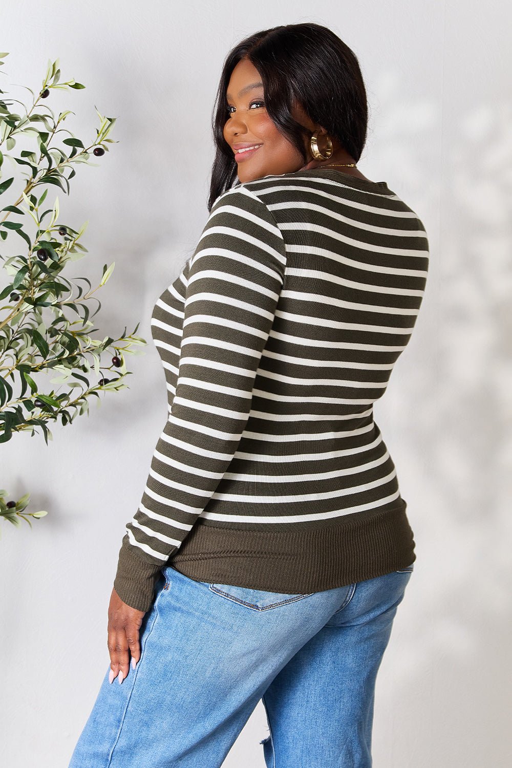 Zenana - Striped Snap Down Cardigan in Dark Olive Ivory