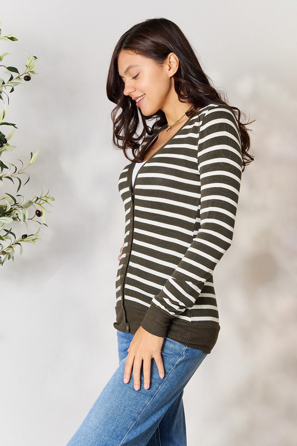 Zenana - Striped Snap Down Cardigan in Dark Olive Ivory