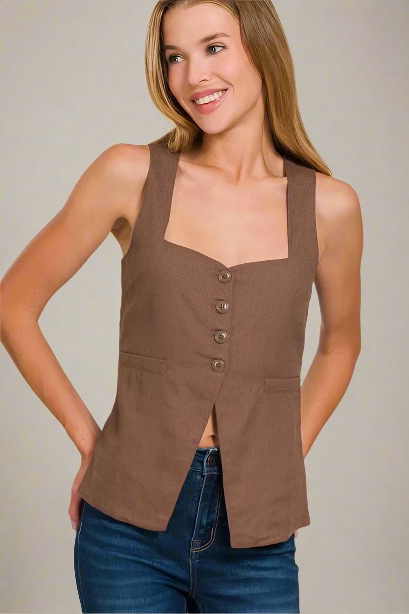Zenana - Sweetheart Button Front Top – Mocha