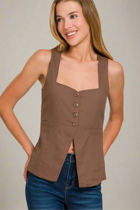 Zenana - Sweetheart Button Front Top – Mocha