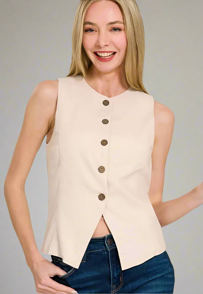 Zenana - Tailored Button Front Vest – Almond Cream