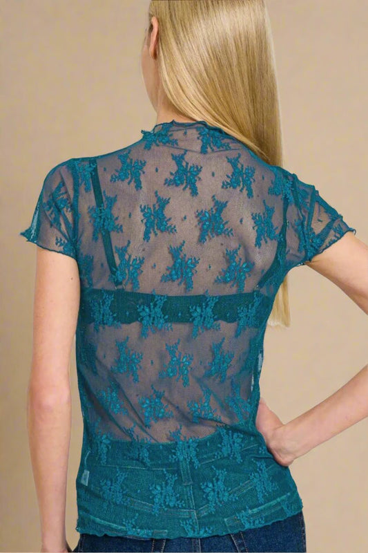 Zenana - Teal Sheer Lace Mock Neck Top