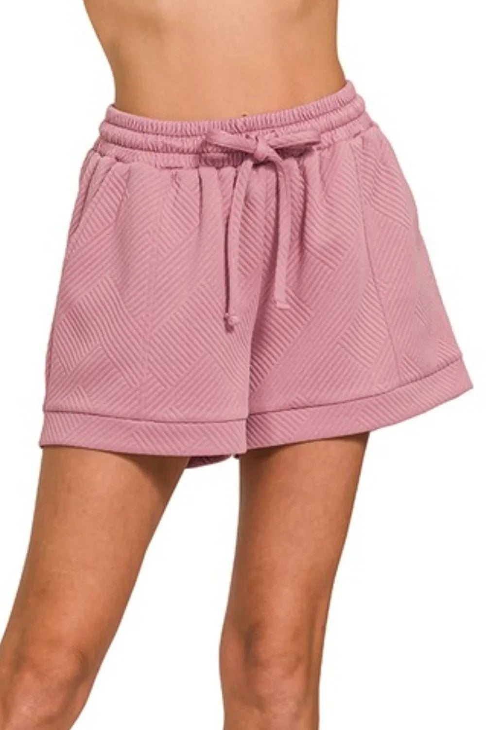 Zenana - Textured Drawstring Lounge Shorts in Soft Blush