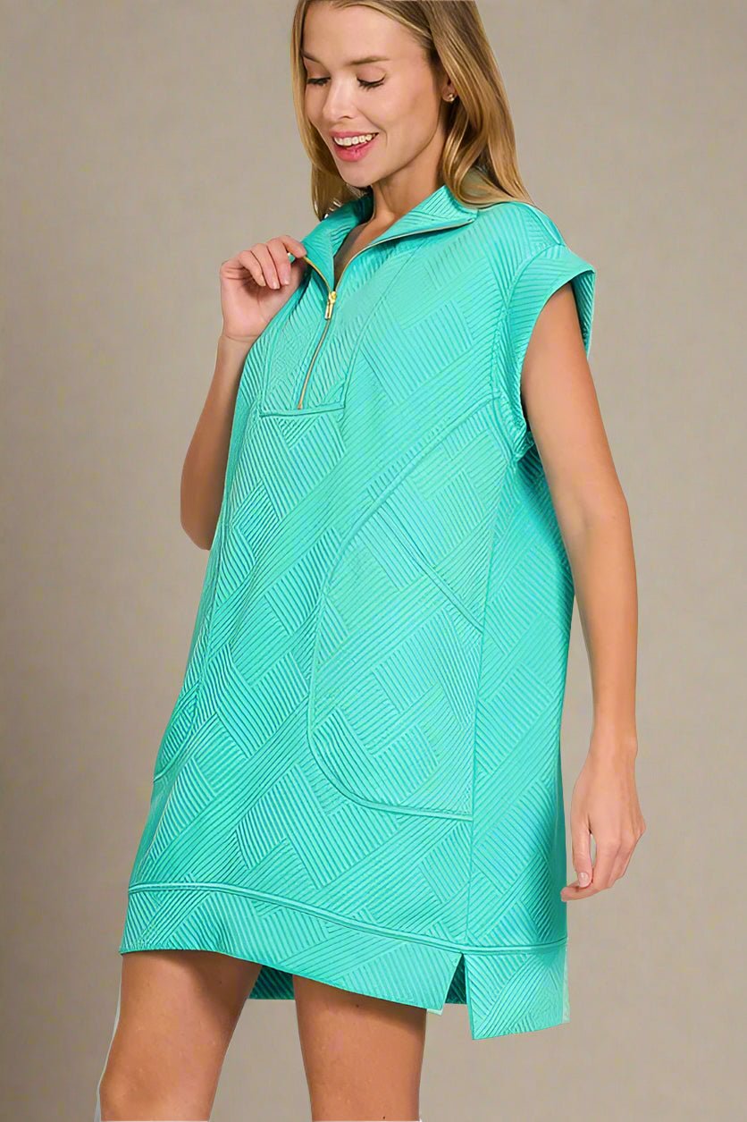 Zenana - Textured Quarter - Zip Sport Mini Dress – Aqua Blue
