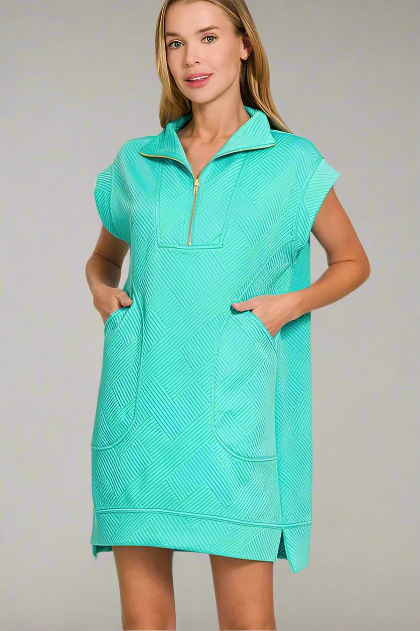 Zenana - Textured Quarter - Zip Sport Mini Dress – Aqua Blue